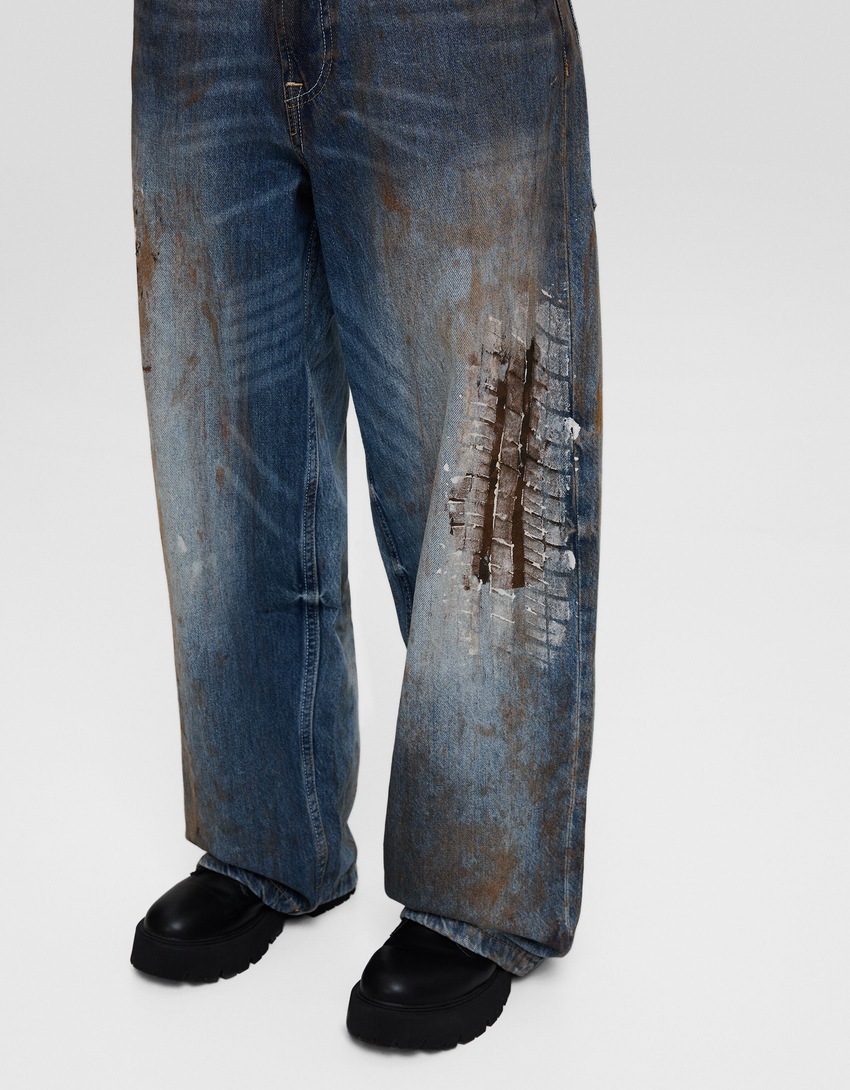calças jeans estampadas super largas