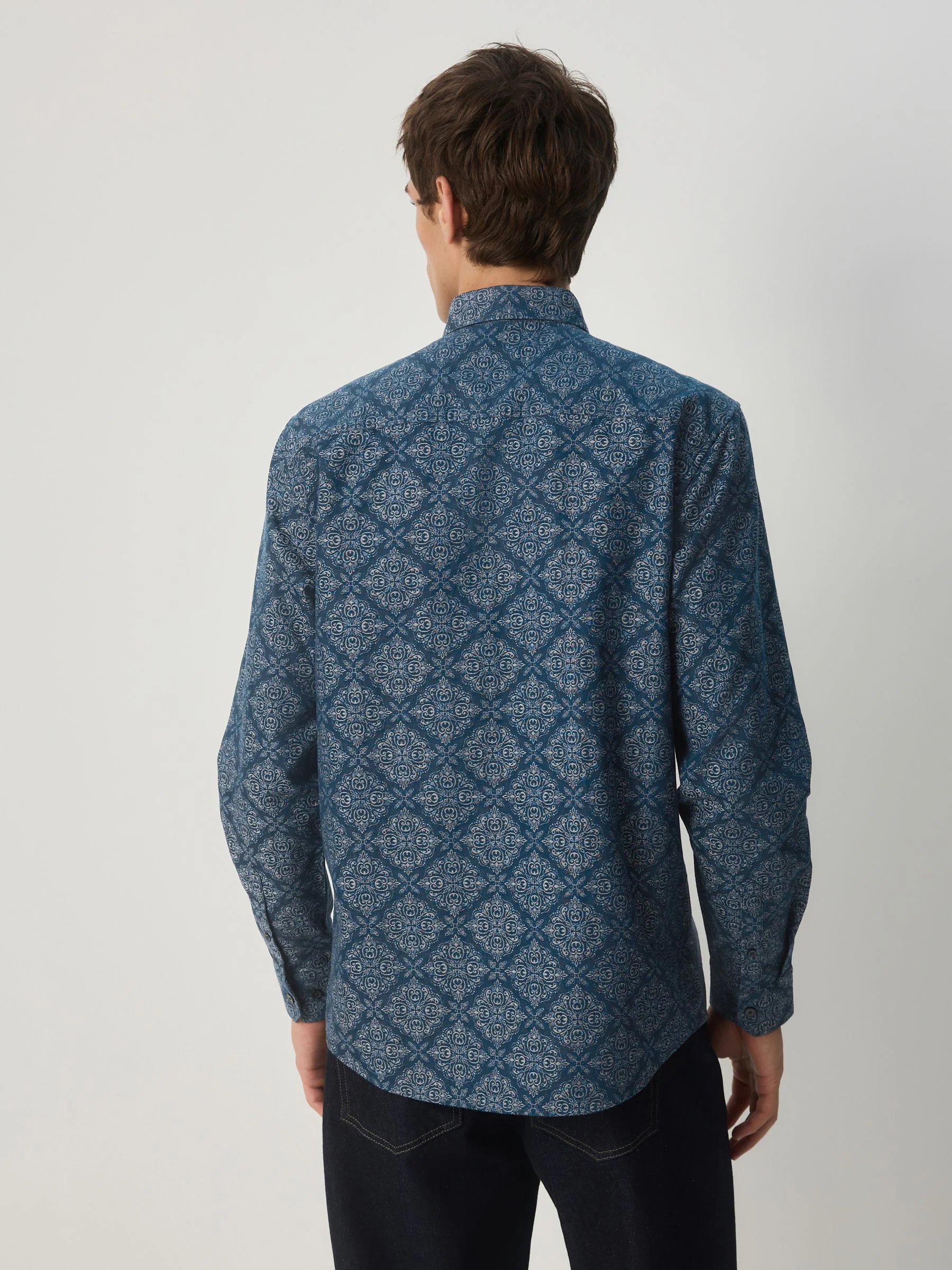 Marineblauw met ruitvormige print - Jaquard overhemd met lange mouwen