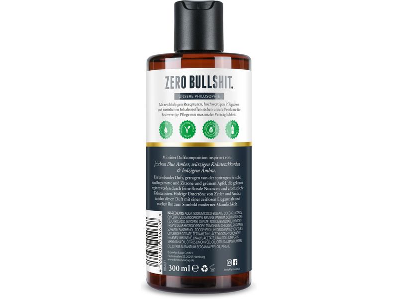 Brooklyn Soap Company Duschgel Blue Amber and Sedar 300 ml Natürliche aromatisch-holzige Pflegedusche mit intensivem Duft