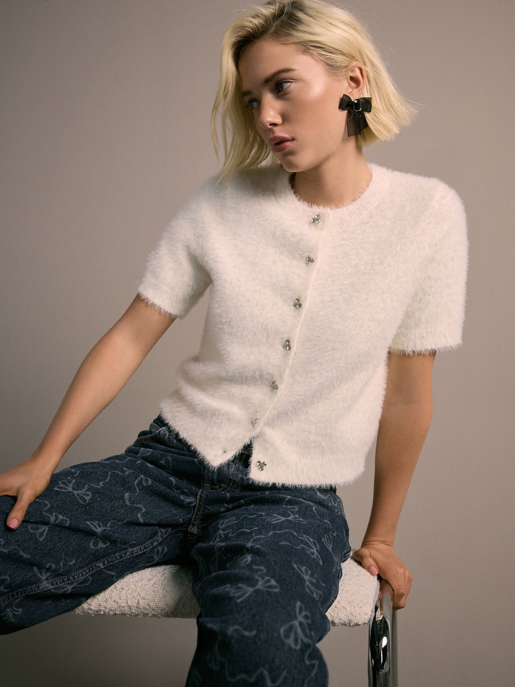Ecru - Gem Button Textured Short Sleeve Cardigan