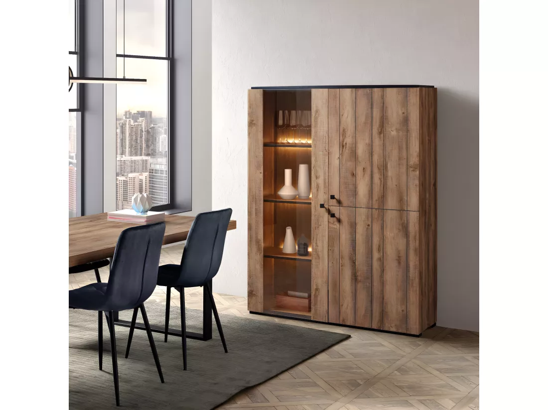 Argentier 3 portes Chêne Antique/Noir à Led - BAILEY