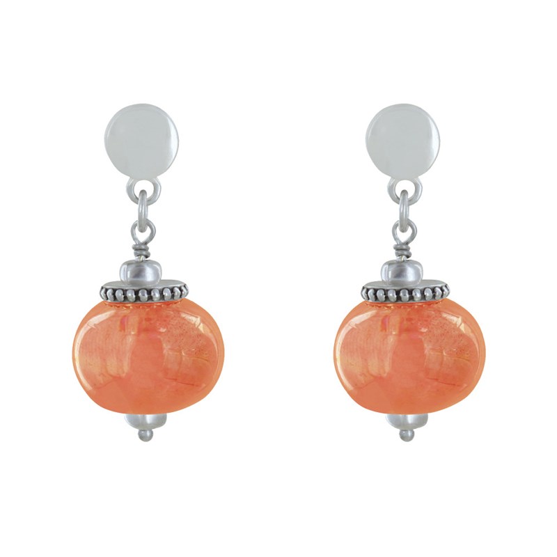 Boucles d'Oreilles Clous Métal Argenté et Grosses Perles en Céramique