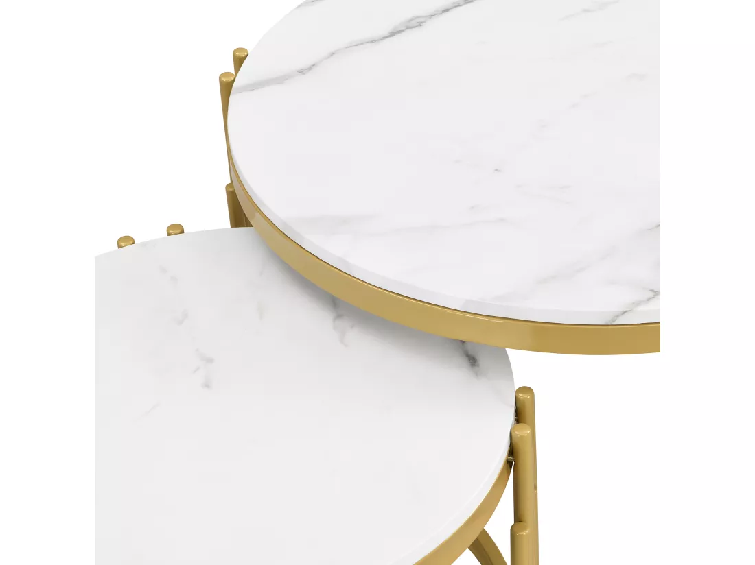 Lot de 2 table basse gigogne, table ronde, aspect marbre, structure en métal doré, D71,5x44+P51,5x37cm Blanc
