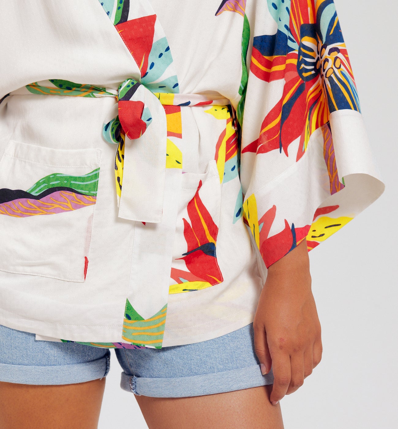 Veste kimono en satin Femme - Imprimé écru