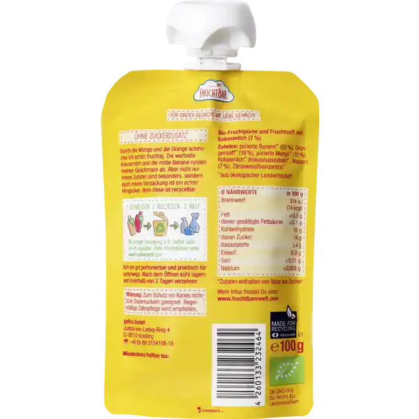 FruchtBar Bio-Fruchtpüree Mango, Orange, Kokosnuss, Banane 100g, Zutaten aus ökologischer Landwirtsc