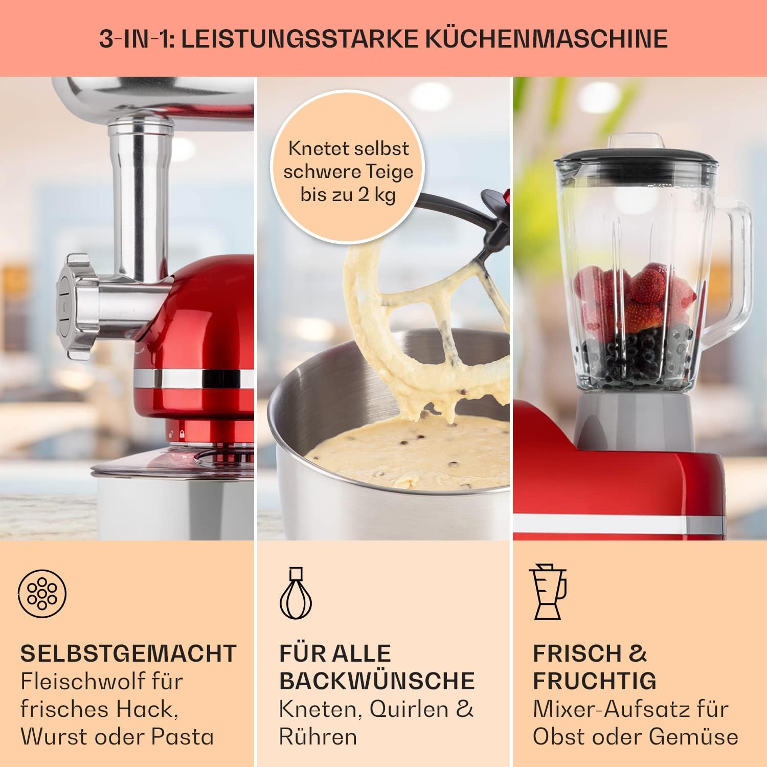 Klarstein Knetmaschine Küchenmaschine mit Fleischwolf, 1800W Teigmaschine Klein, 6 Stufen, Schneebesen Rühr- & Knethaken, Planetenrührwerk, Rührmaschine mit Mixer, Küchenmaschinen mit 5L Schüssel