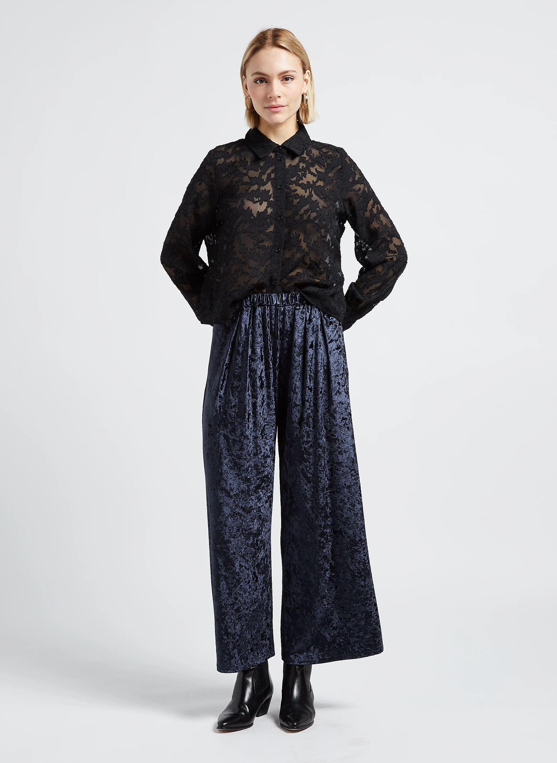 Pantalon large en velours | Bleu