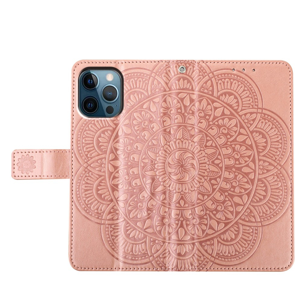 iPhone 16 Pro Leder Tasche Wallet - Mandala Flowers Imprint - Roségold