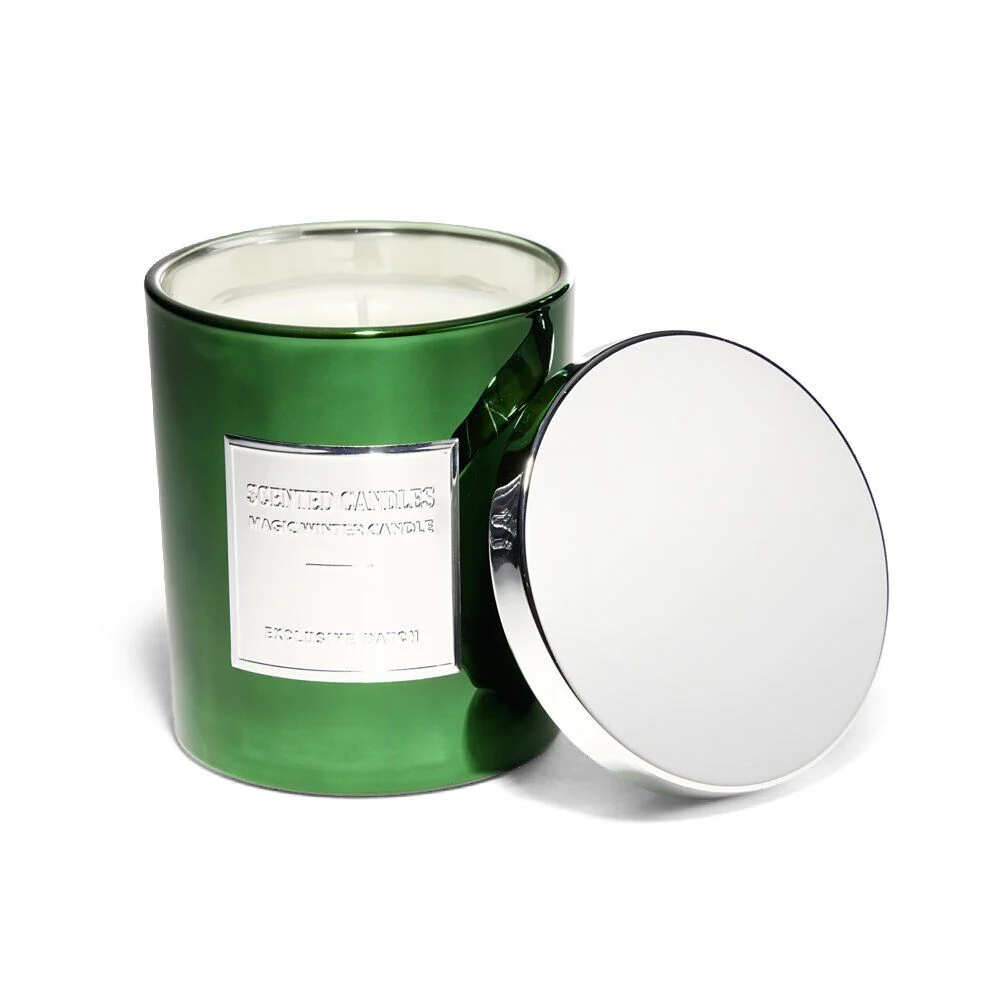 Bougie avec couvercle pot métallisé gris et vert senteur sapin 25H