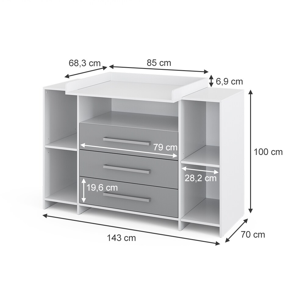 Vicco Wickelkommode Oskar XL 143 x 100 cm, Weiß Grau, Wickelauflage, Wickeltisch