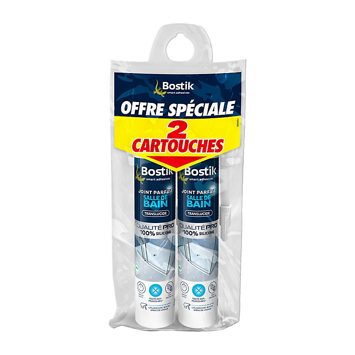 Mastic d’étanchéité spécial salle de bain translucide Bostik Joint Parfait tous matériaux, lot de 2 cartouches de 280 ml