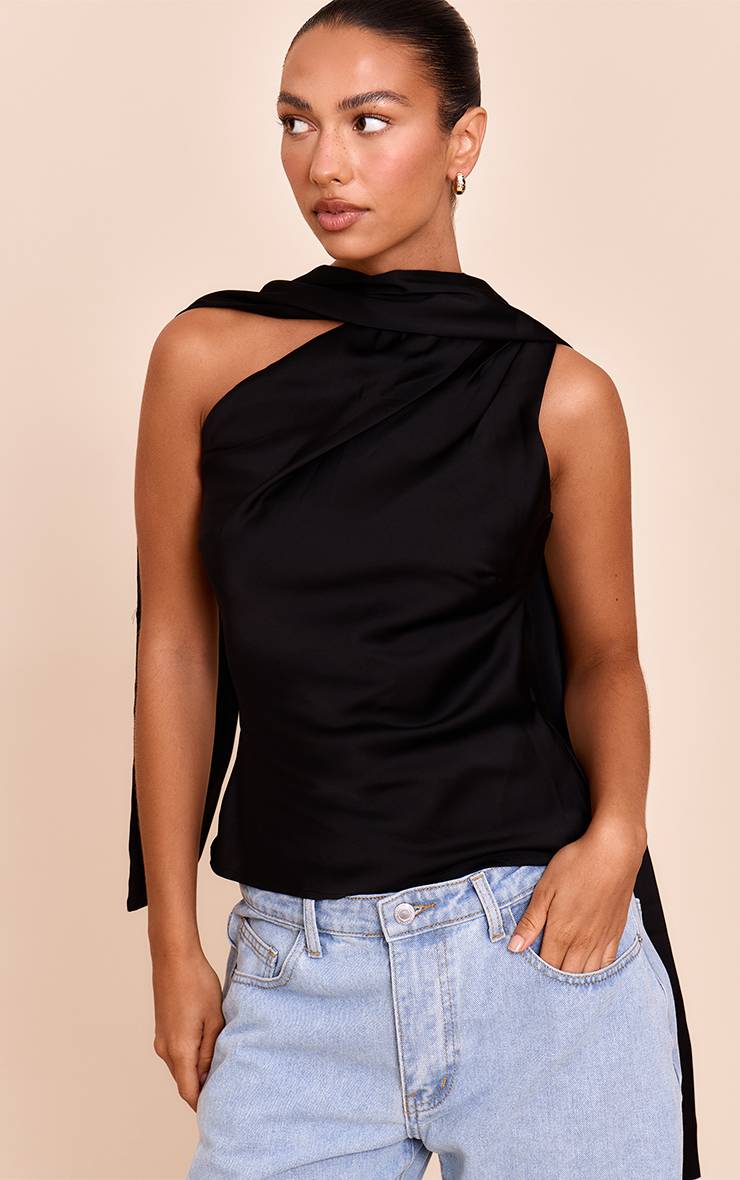 Noir Top En Satin À Détail Foulard Asymétrique