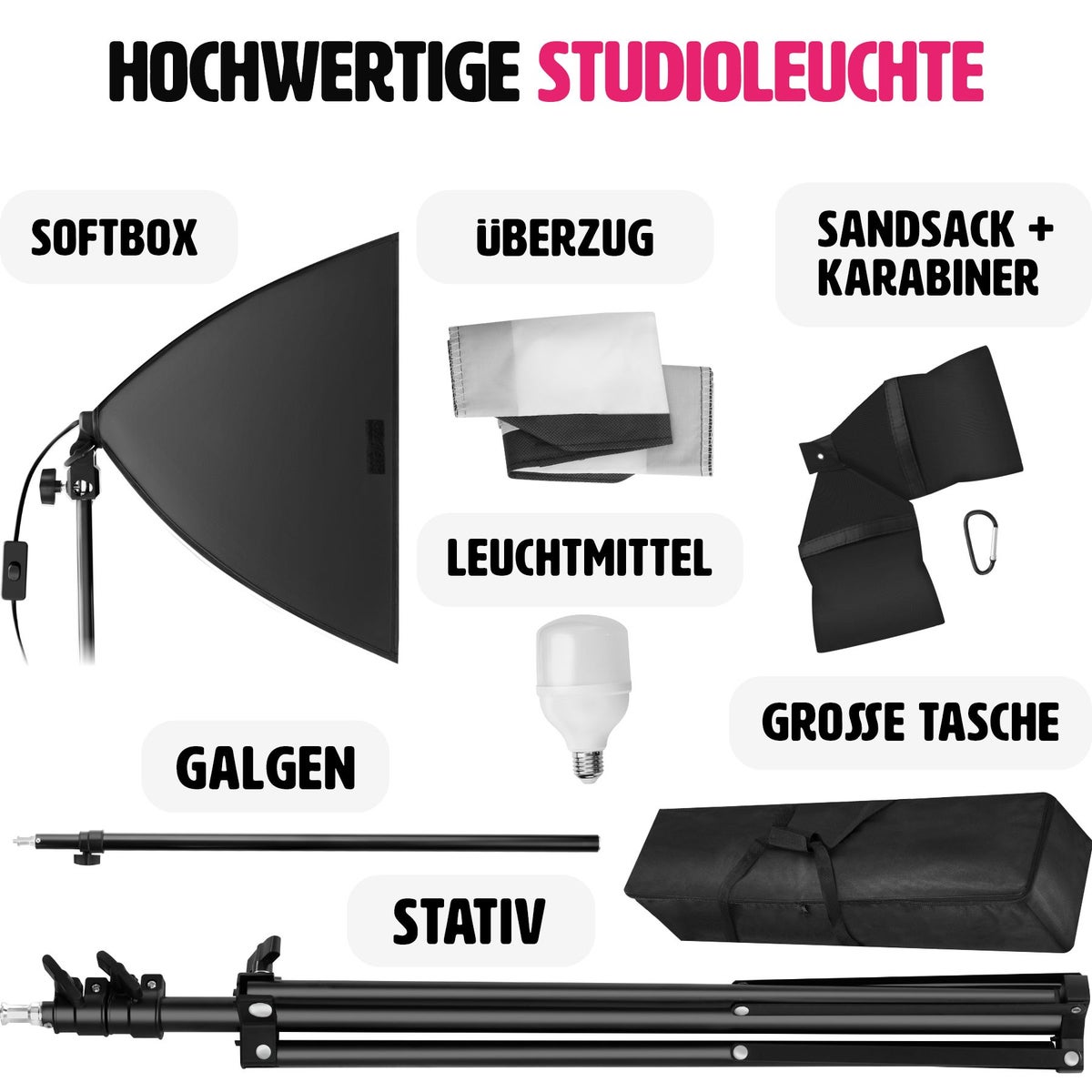 tectake studiolamp met softbox en uitschuifbaar statief, lichtgewicht, inclusief draagtas