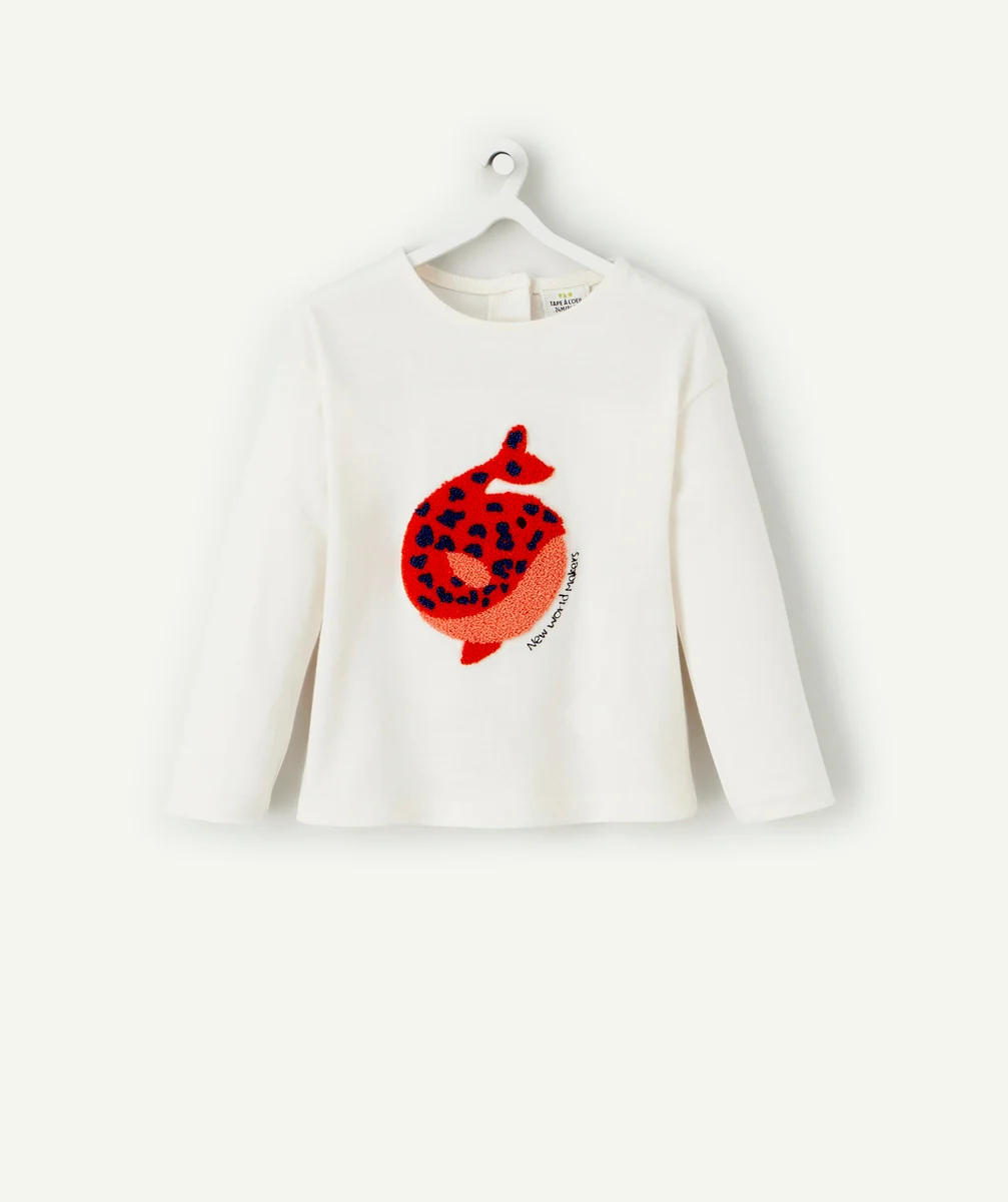 T-SHIRT BÉBÉ FILLE EN COTON BIO ÉCRU AVEC BALEINE EN BOUCLETTE