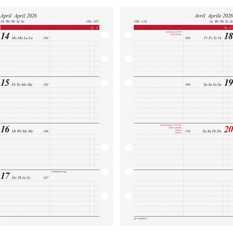 Rido Idé Wochenblätter 2026 Timing 2, 1 Woche / 2 Seiten