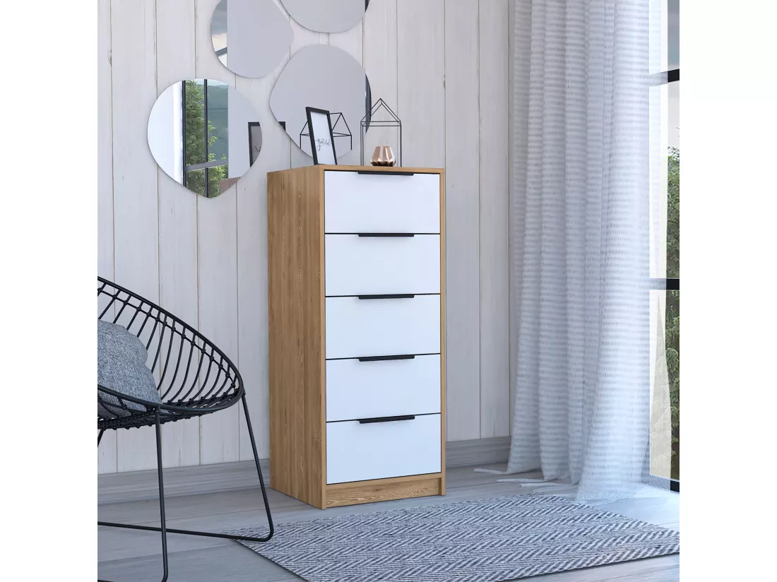 Coffre à 5 tiroirs Kaia, avec poignées en métal , 107.69 cm X 44.95 cm X 41.14 cm , White / Honey