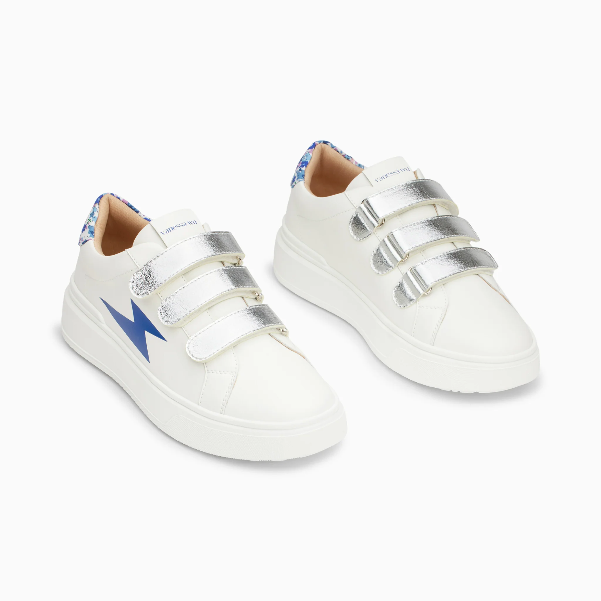 Sneakers-Baskets éclair Salomé blanc et bleu à scratchs argent