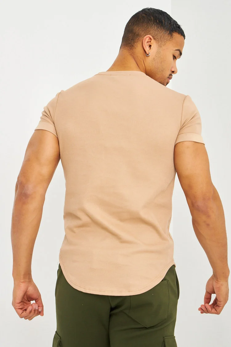 T-shirt côtelé beige foncé manches courtes à revers