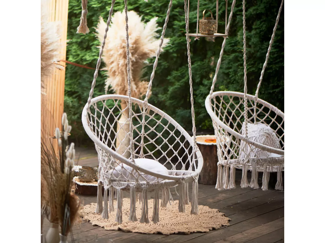Fauteuil Suspendu Rebecca Mobili Kadyos 120x80x60 Polycoton Acier Blanc Crème Boho