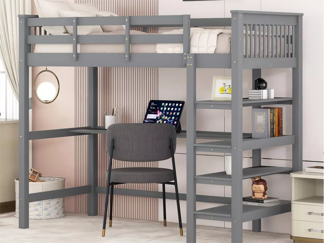 Lit mezzanine 90 x 200 cm pour enfant - bureau + étagères de rangement - gris