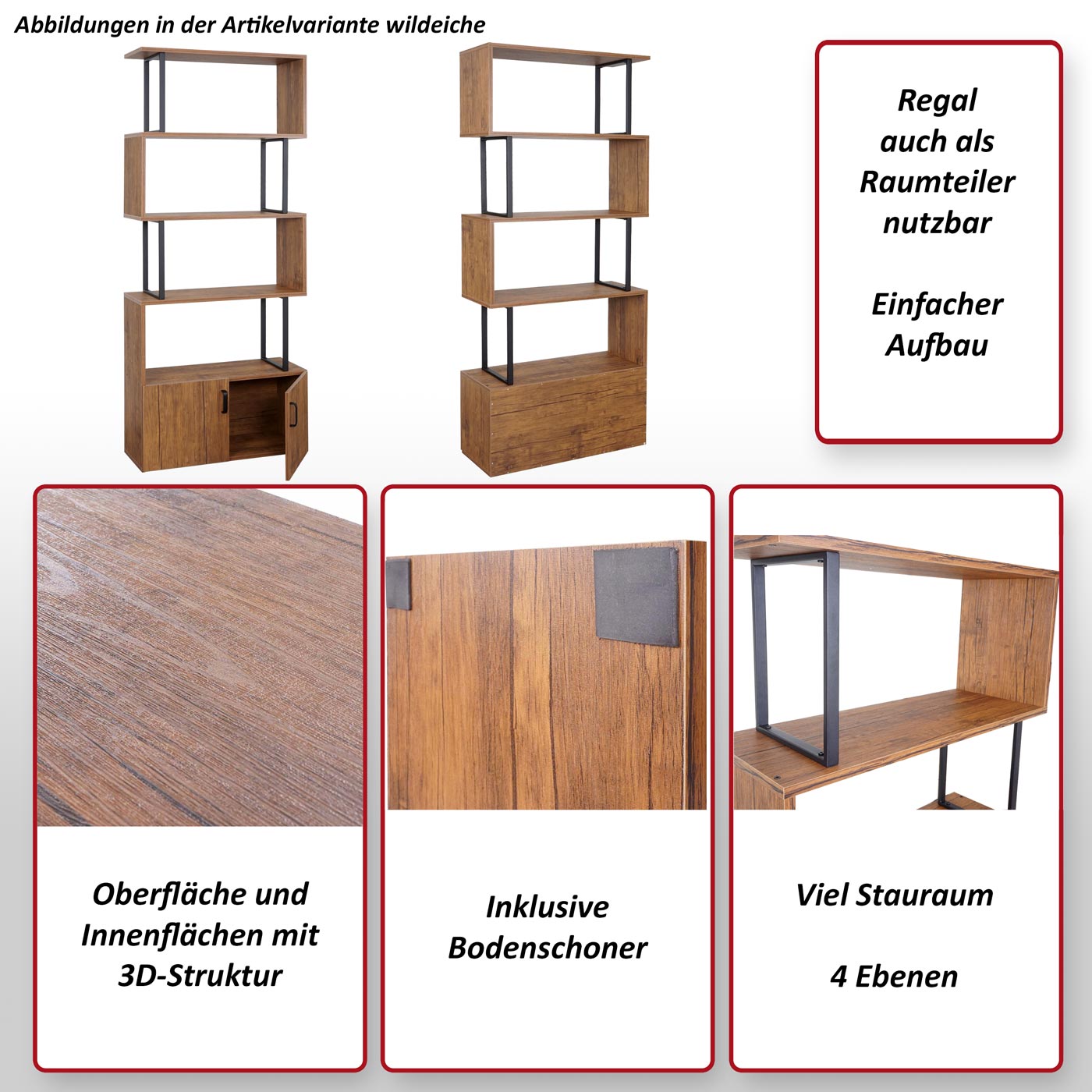 Bücherregal MCW-A27, Regal Standregal Raumteiler Wohnregal, Staufach mit Tür 183x80cm 3D-Struktur ~ Wildeiche-Optik