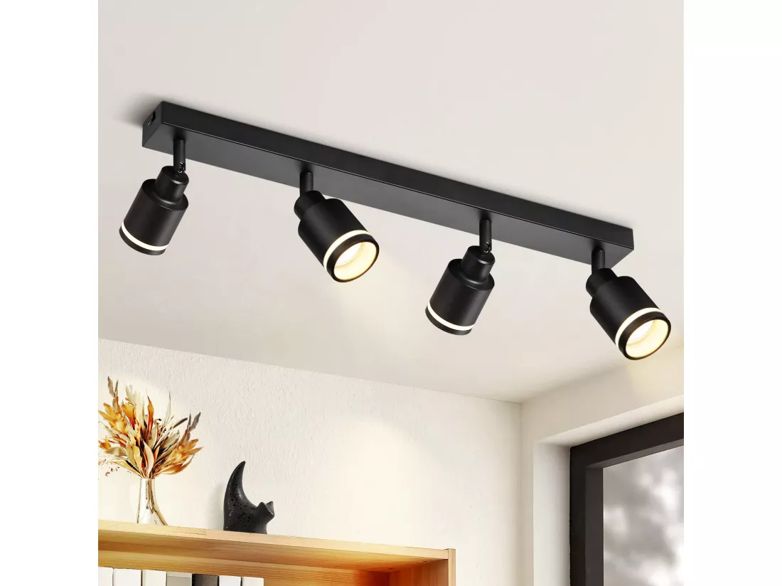NETTLIFE Plafonnier noir moderne : 4 spots de plafond orientables en métal, plafonnier GU10, pour chambre, salle à manger, sans ampoule