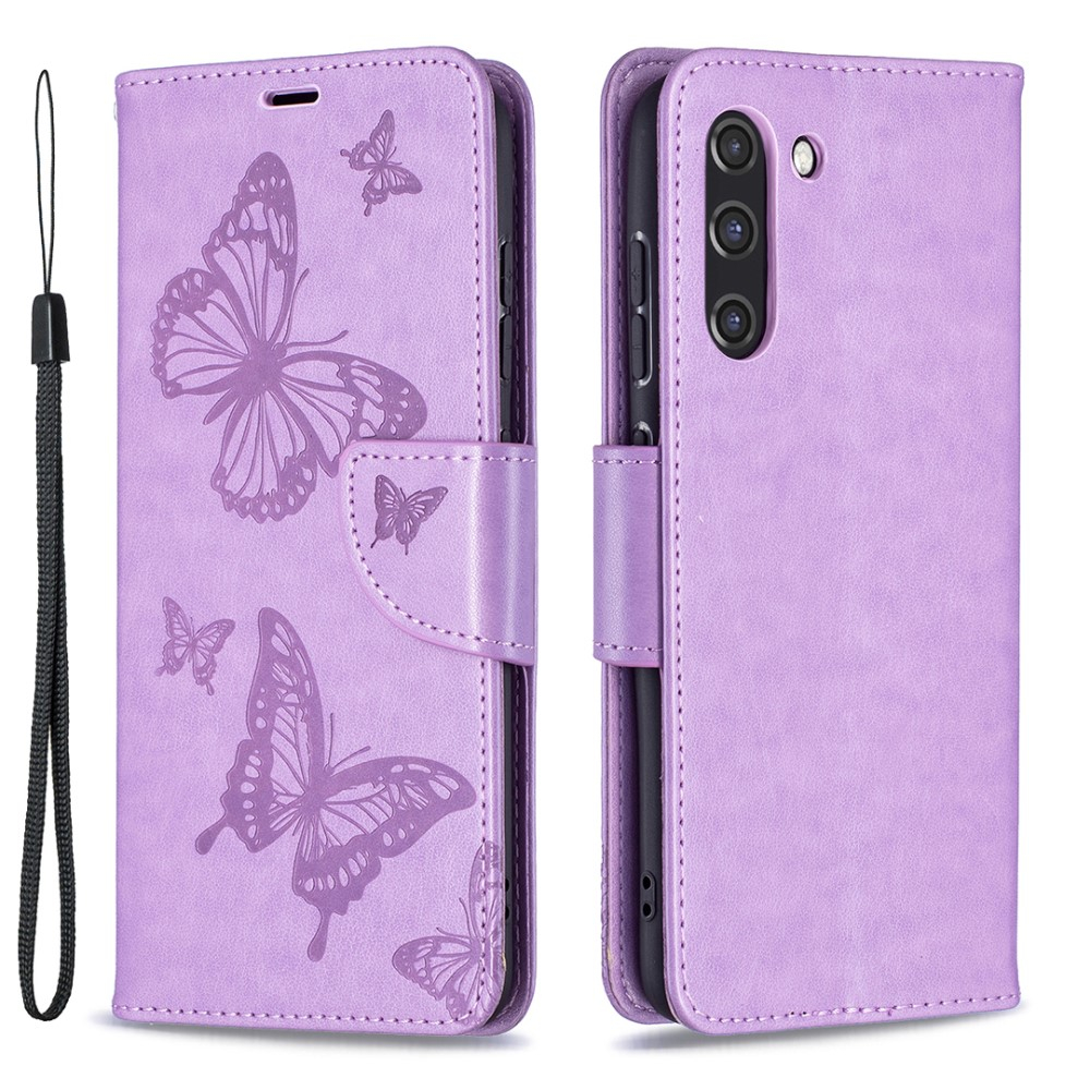 Samsung Galaxy S21 FE 5G Leder Tasche mit Kartenfach   Handschlaufe Schmetterling - Lila