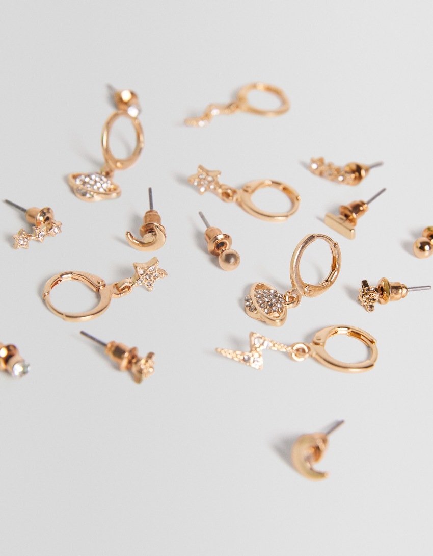 Conjunto de 9 brincos de planeta com estrelas e listras de strass