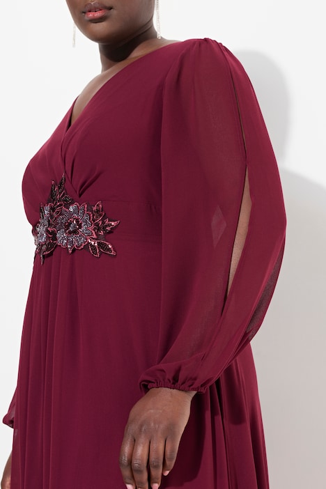 Abendkleid, V-Ausschnitt, bestickter Gürtel, Langarm