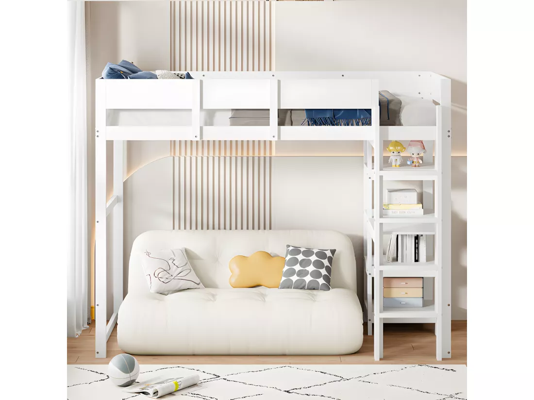 Lit mezzanine 90x200cm en bois - avec étagères et sommier à lattes - Blanc