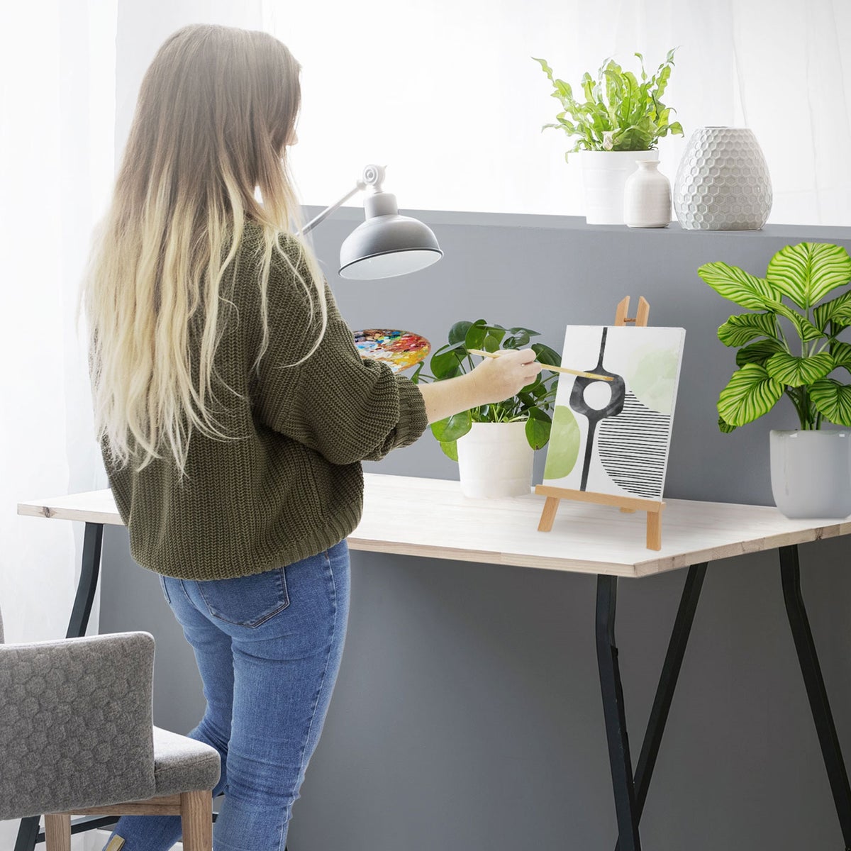 ECD Germany Opvouwbare tafel-ezel, Verstelbare houten zitting-ezel, Mini-schilder-ezel voor canvassen en spieraam tot 40 cm, Draagbare schilder- en presentatie-ezel, Houten ezel voor schilderijhouders