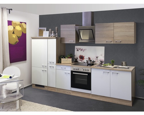 Flex Well keukenblok met apparatuur Samoa 300 cm wit sonoma eiken mat gedemonteerde variant omkeerbaar 00010043