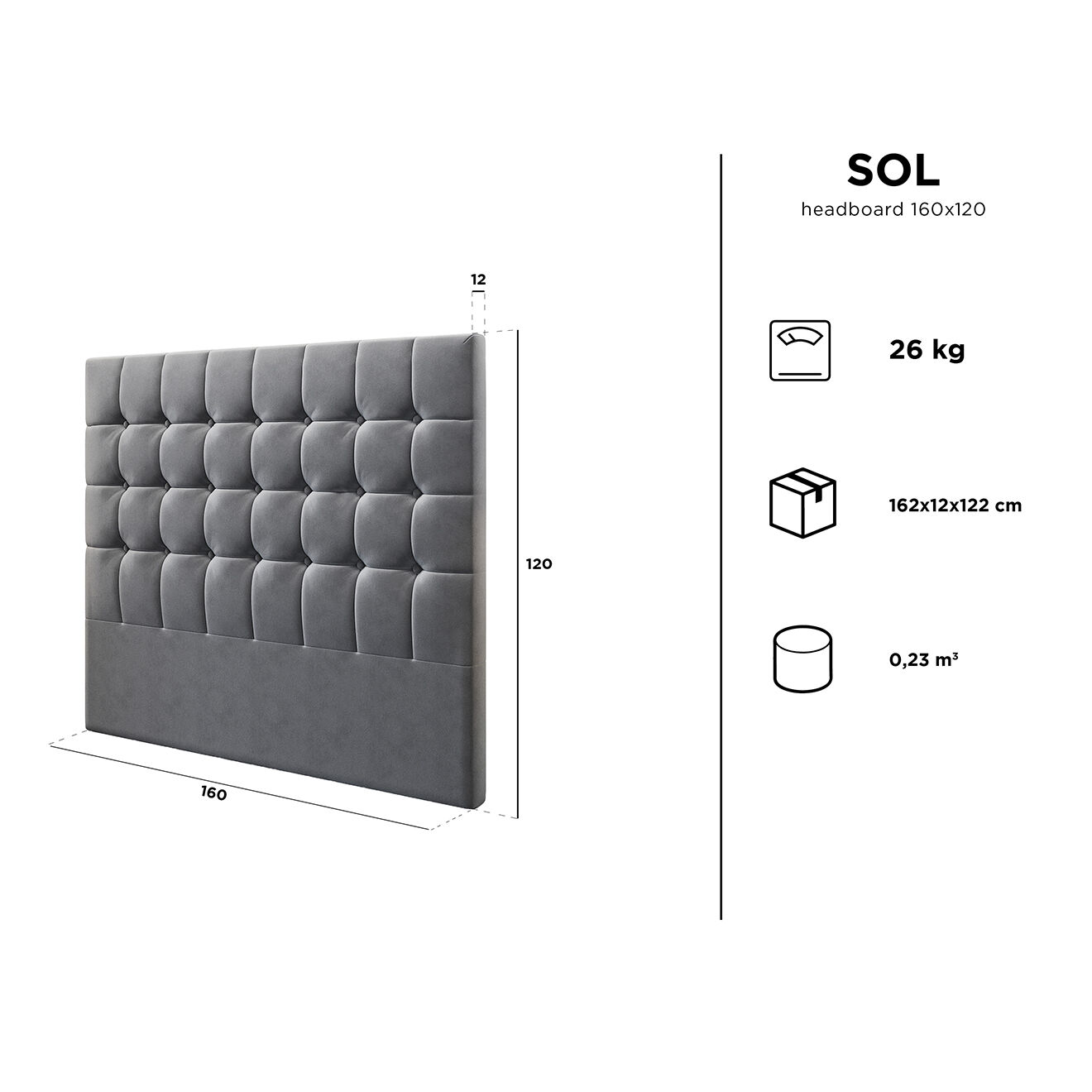 Kooko Home Tête de Lit en Velours Sol gris foncé - 160x120 cm