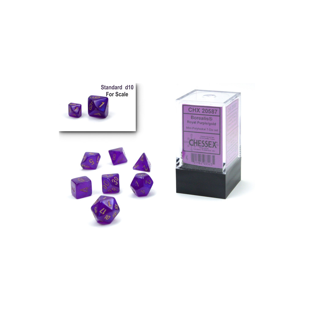 Set de 7 Mini Dés JDR Chessex : Borealis Royal Purple / Gold Luminary