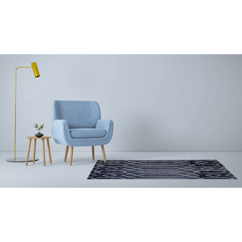 Tapis salon chambre bleu marine motifs dorée géométrique poils doux 150x200cm- décoration- mobilier d'intérieur