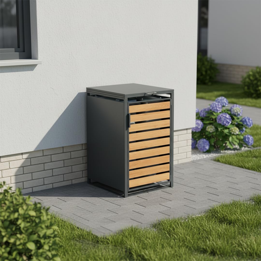 STEELSØN Kestra Mülltonnenbox 1er bis 120L – Mülltonnenverkleidung aus Stahl mit Sichtstreifen in Holzoptik – hochwertiger Müllcontainer für 1 Tonne – Müllbox in Anthrazit – Gerätebox wetterfest