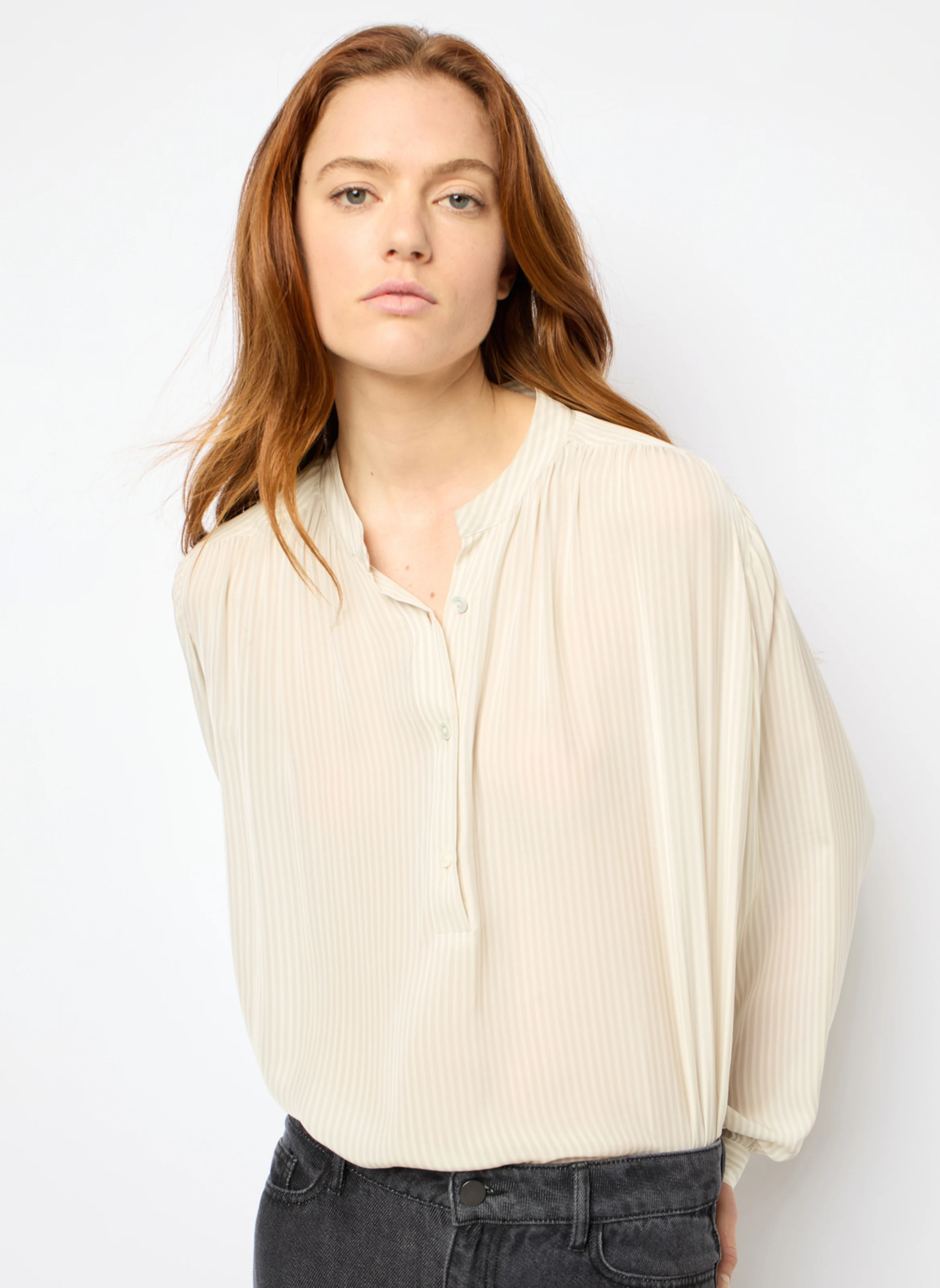 AMBRE - Blouse col tunisien à rayures | Blanc