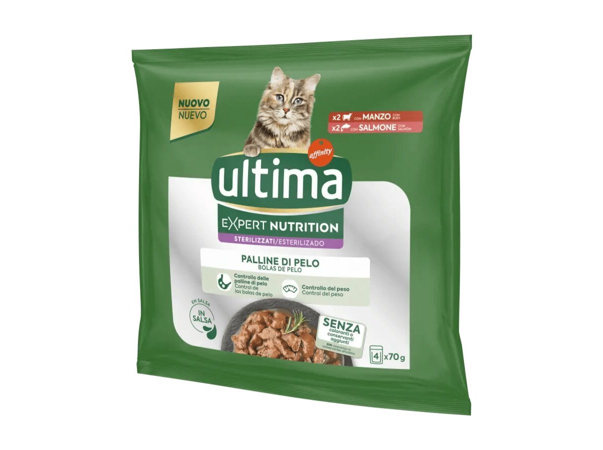COMIDA HÚMIDA PARA GATO ULTIMA ESTERILIZADO BOLAS PÊLO 4X70G
