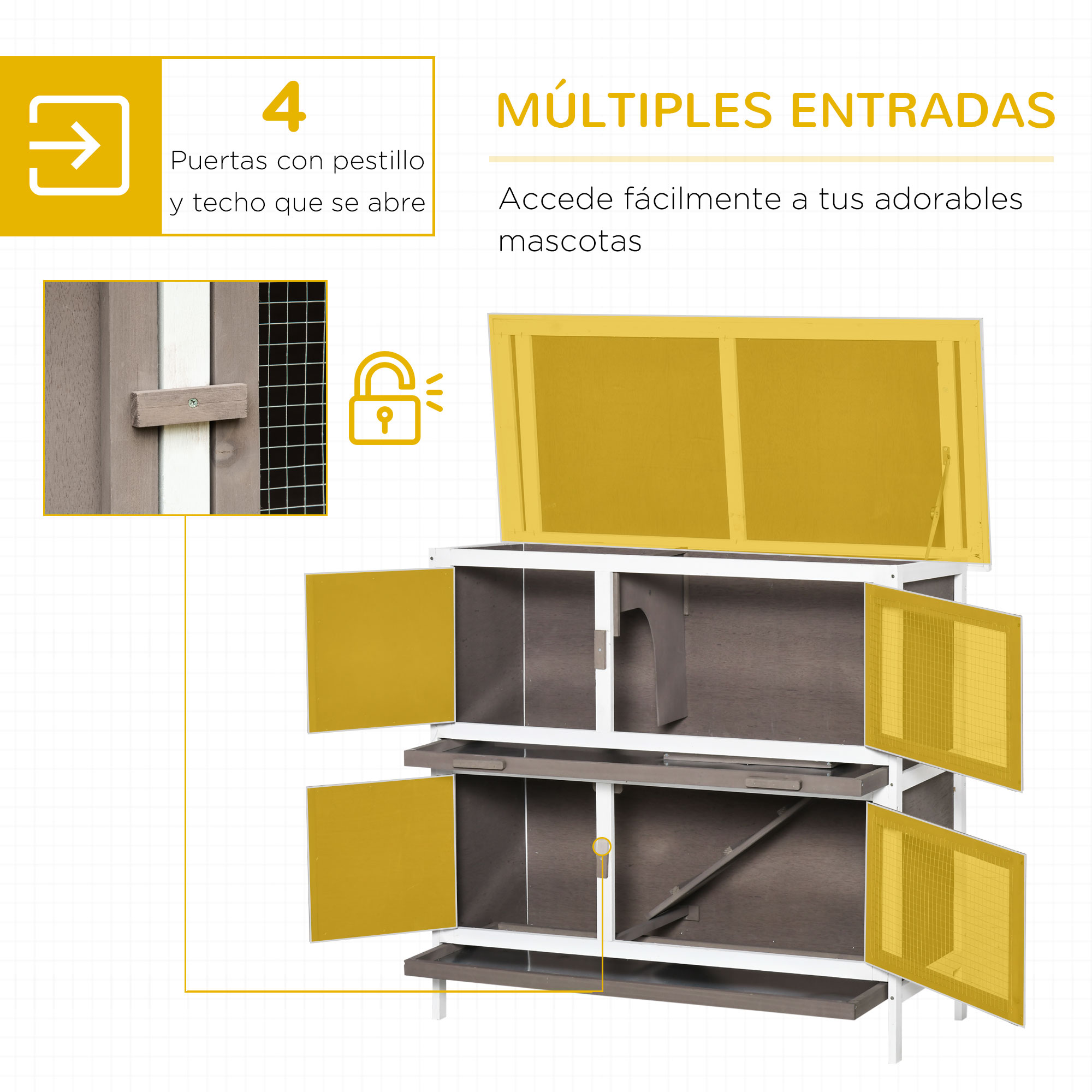 Gaiola de madeira PawHut para coelhos, com 2 andares, 100x47x91 cm, telhado de asfalto, portas com trava, bandejas removíveis e rampa para 2 coelhos, marrom.