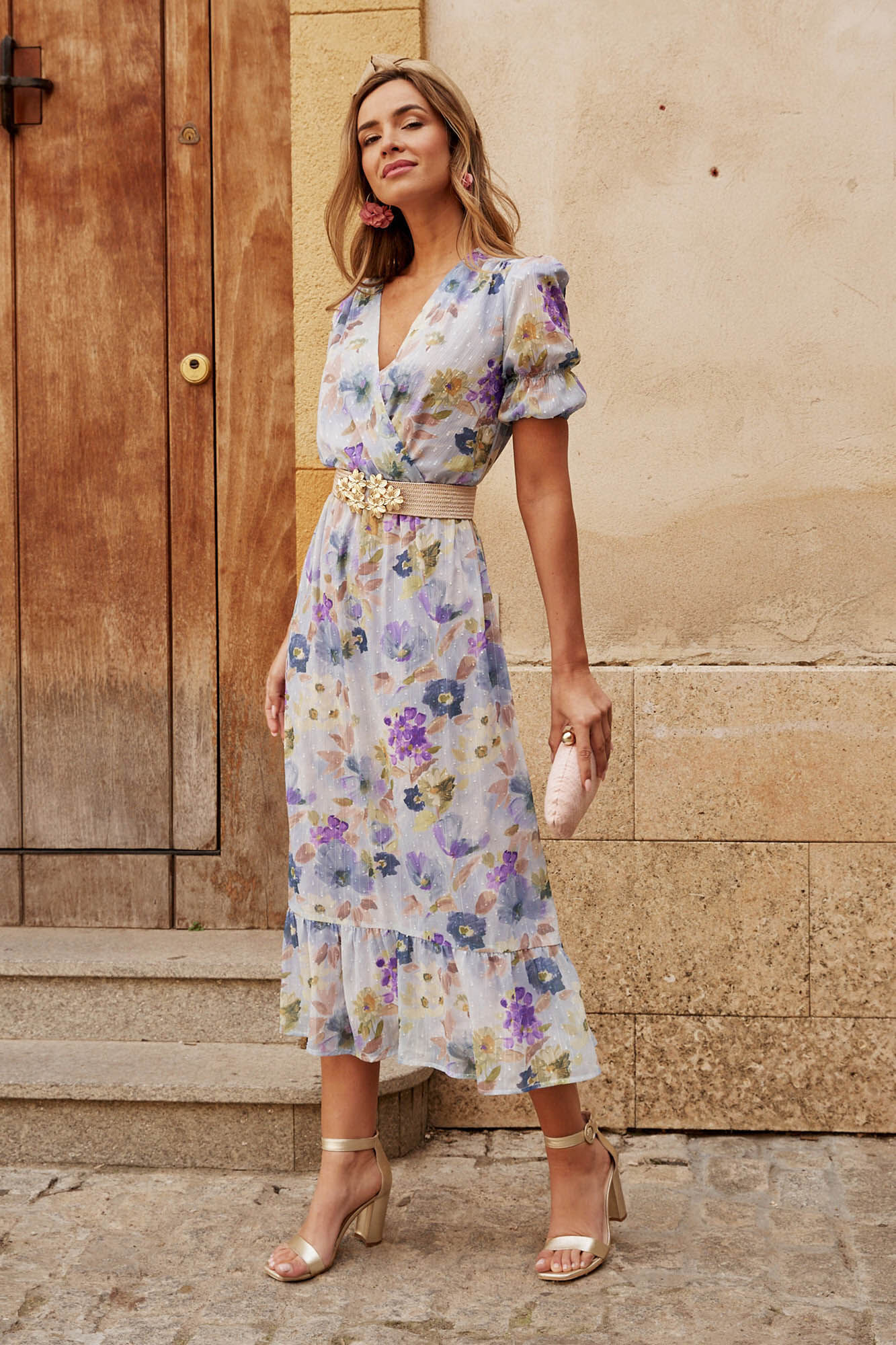 Vestido envelope com laço em azul claro - Azul