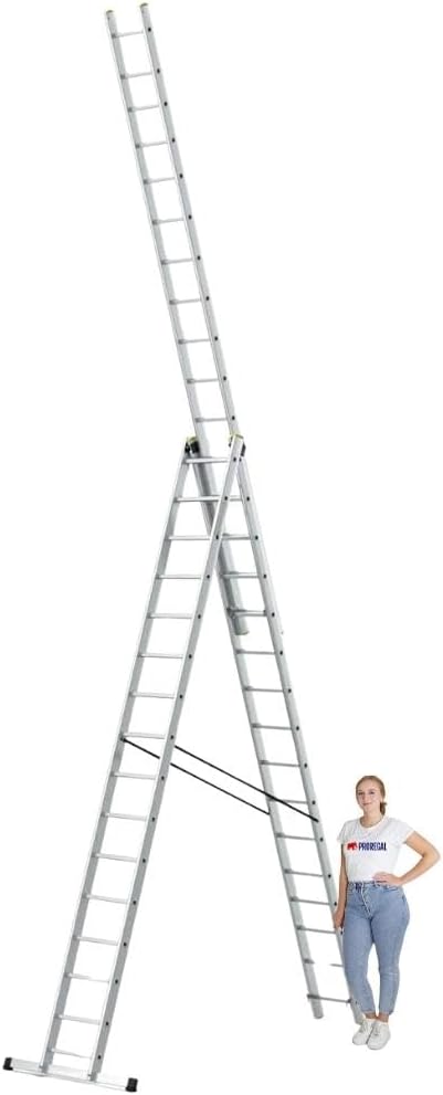 PROREGAL Economy Plus 3-delige multifunctionele ladder met dwarsbalk, 3 x 16 sporten, werkhoogte 10,83 m, draagvermogen 150 kg