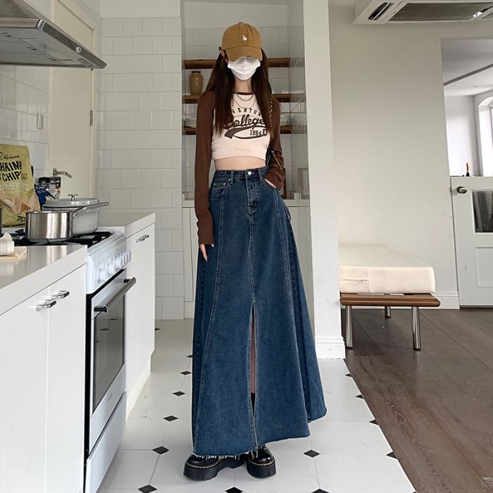 Denimot - Hoge taille gewassen, gerafeld split maxi A-lijn denim rok