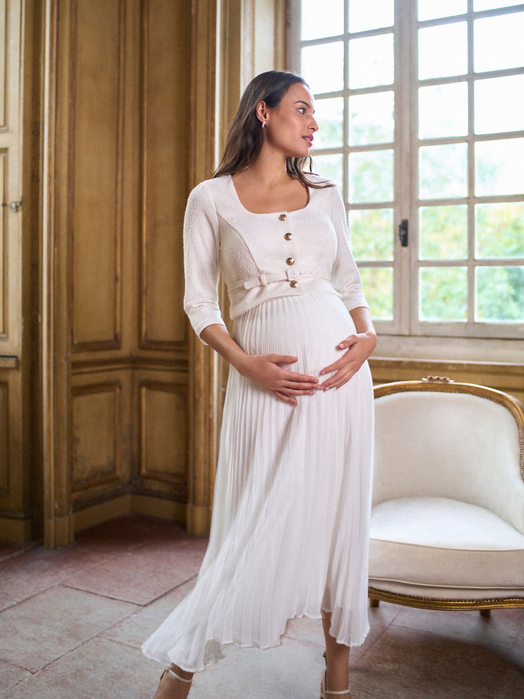 Seraphine Occasion Maternity & Nursing Bridal Dress With Tweed Bodice & Floaty Pleated Skirt