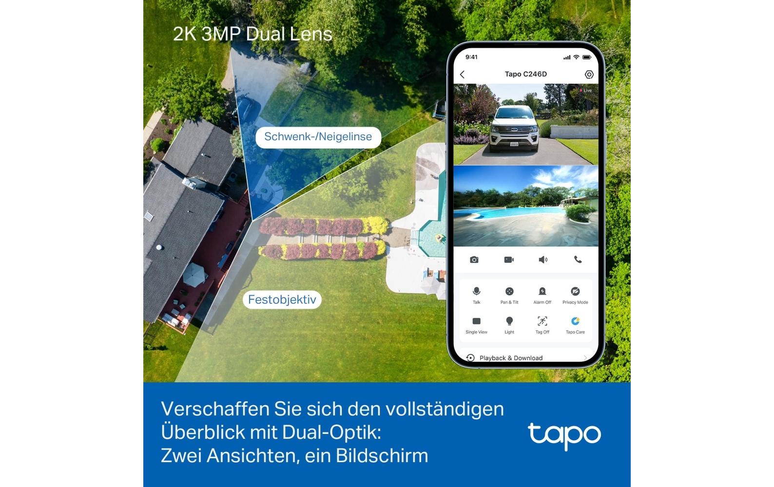 Netzwerkkamera Tapo C246D 2K QHD, 2.4 GHz, 360°Innen-/Aussenbereich Dual-Objektiv Schwenk-/Neige-Sicherheitskamera