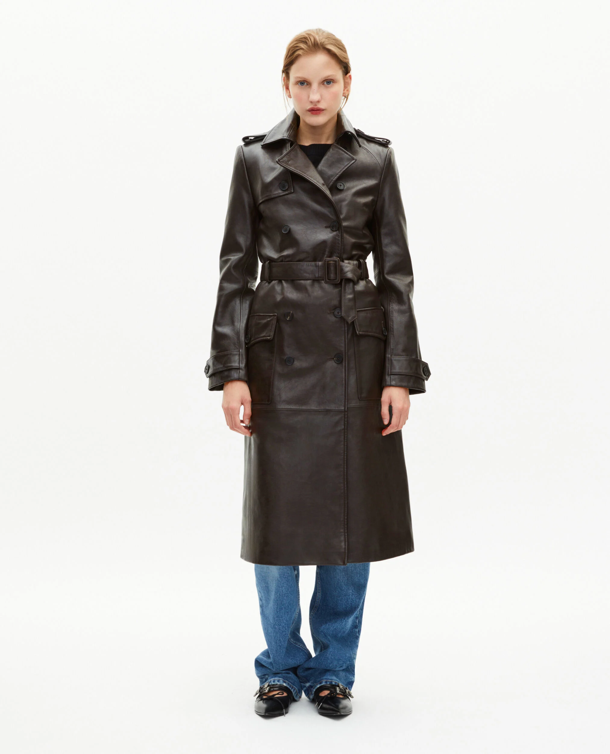 Trench long en cuir marron