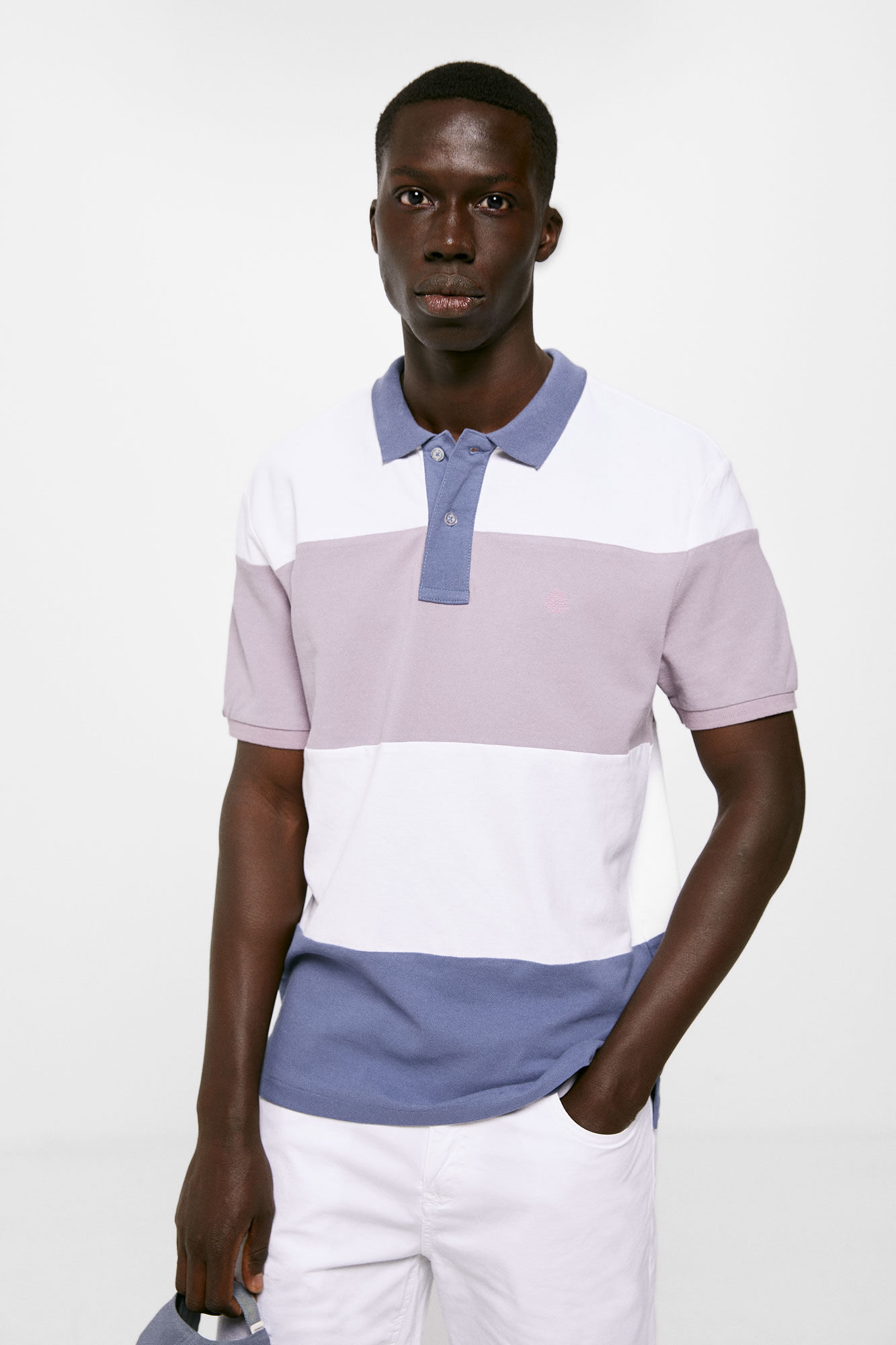 Polo piqué color block - azul médio