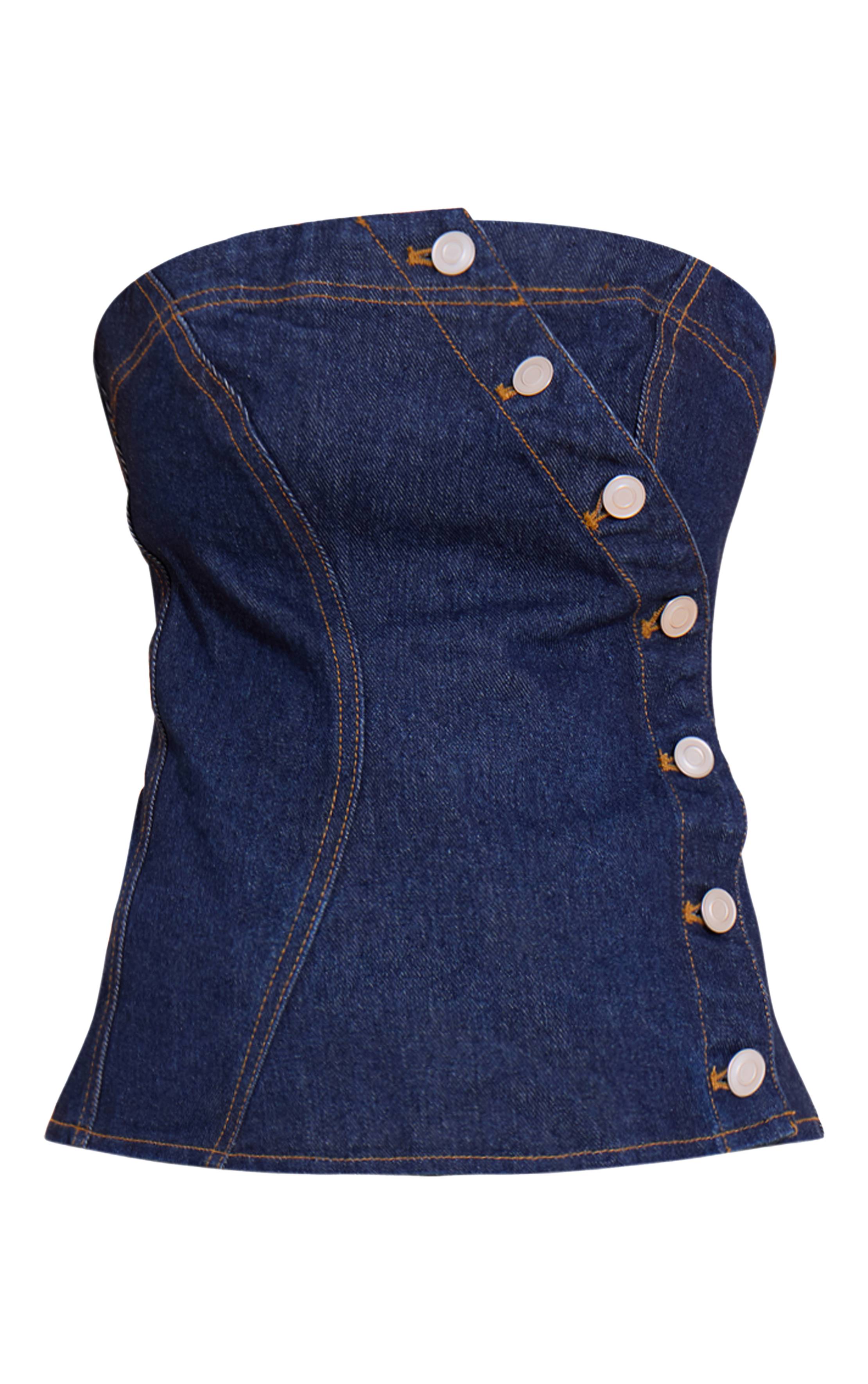 Bleu Indigo Haut Bandeau Asymétrique À Boutons En Denim Petite