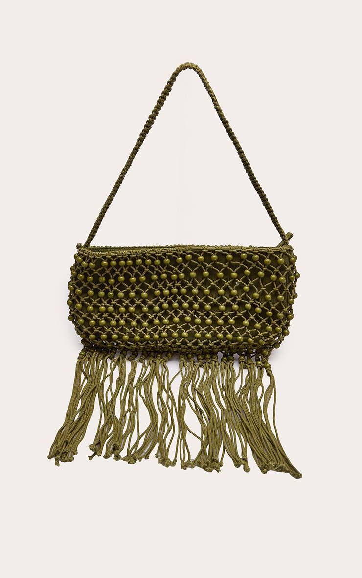 Kaki Sac À Bandoulière À Franges Perlées