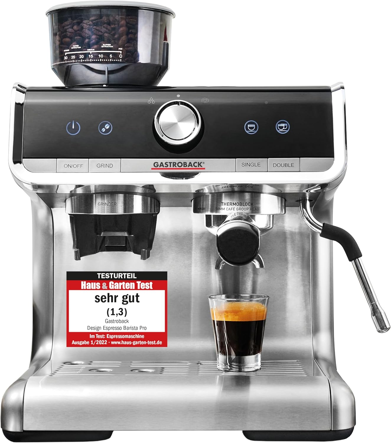 GASTROBACK Espresso Siebträgermaschine mit Mahlwerk inkl. Milchkännchen, Tamper und Edelstahl Siebträger - Barista Kaffeemaschine mit Milchschäumer - Espressomaschine mit 30 Mahlgradeinstellung