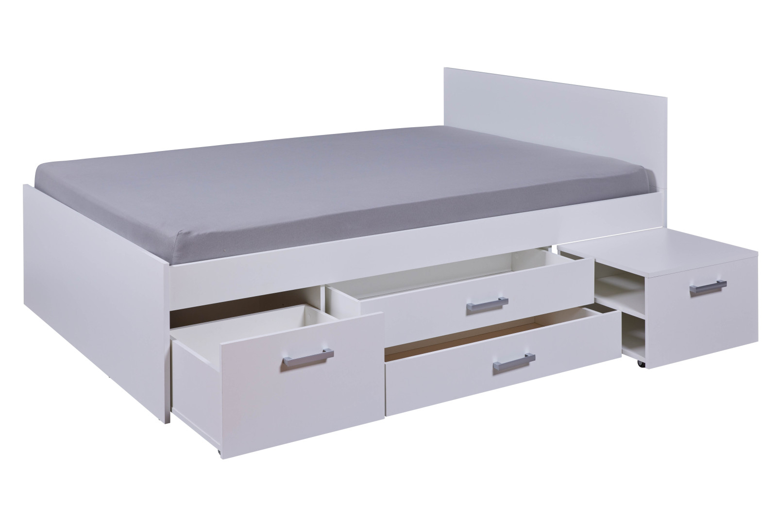 Funktionsbett RANYA - weiß - ausziehbare Nachtkommode - 140x200 cm